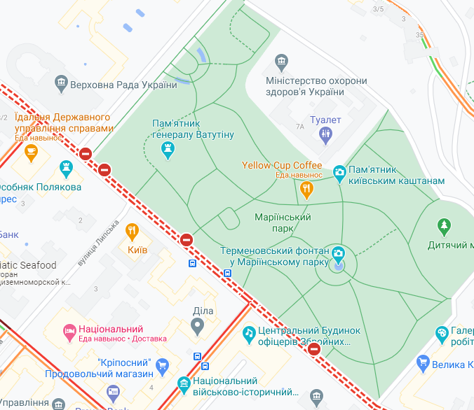 Перекриття вулиці Грушевського. Скріншот: Google Maps