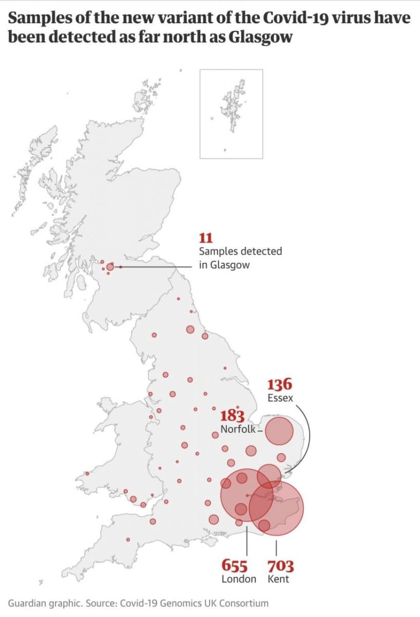 Карта распространения нового штамма коронавируса в Великобритании. Источник: Карточный Домик: Европа