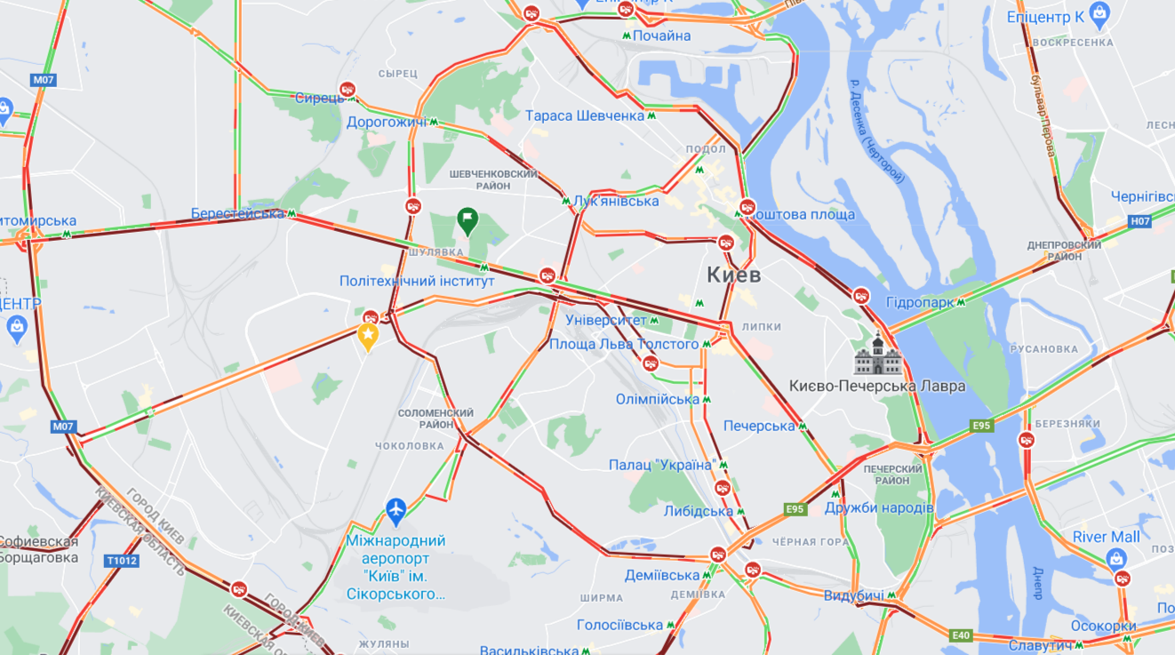 Затори в Києві. Скріншот: Google Maps