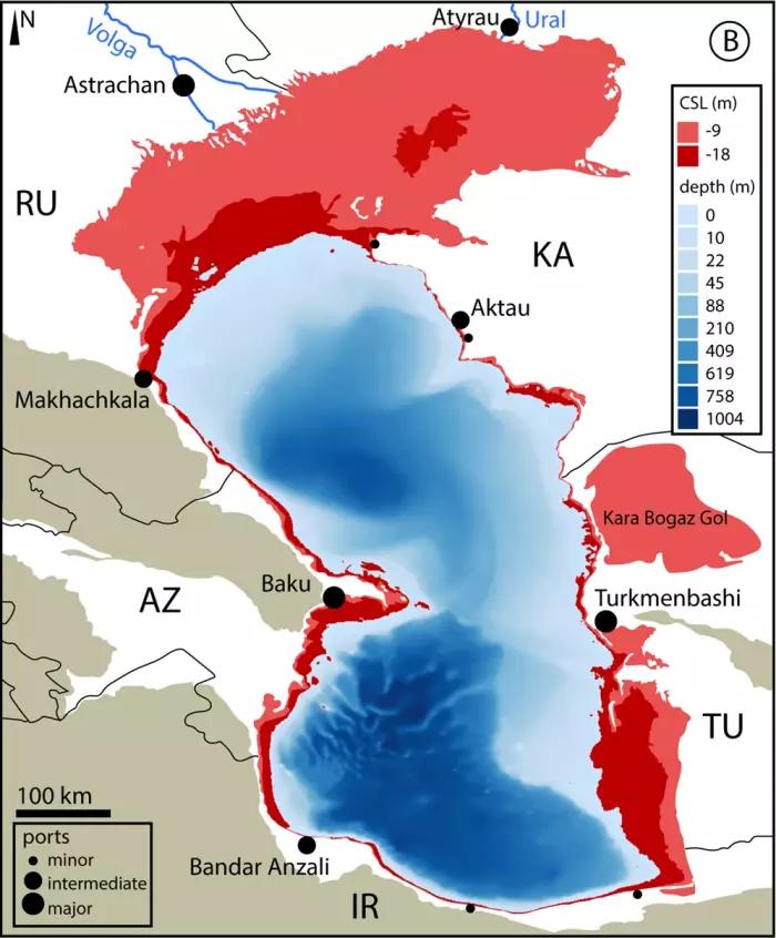 Прогноз относительно будущего Каспийского моря. Регионы, обозначены красным цветом, могут пересохнуть, инфографика: Nature