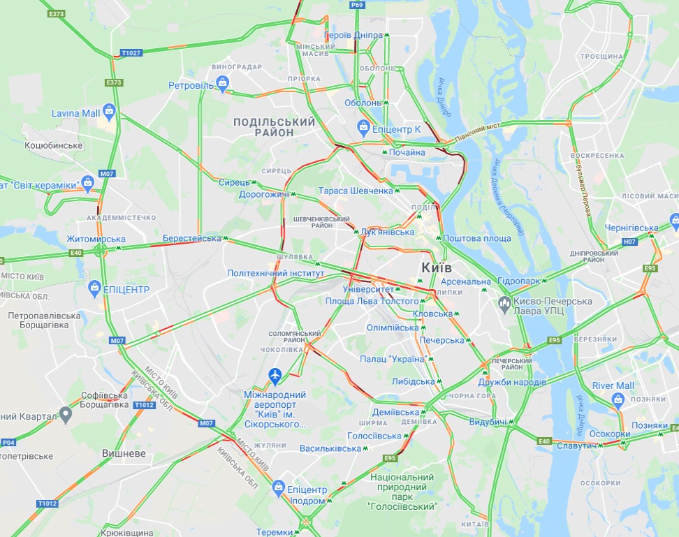 Пробки в Киеве. Карта: Гугл Мапс