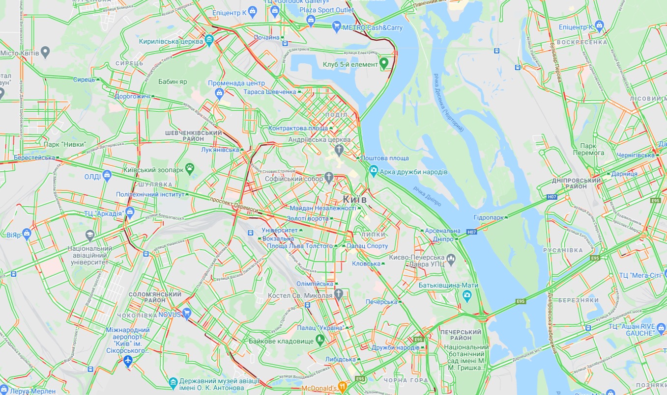 Пробки в Киеве. Карта: Гугл Мапс