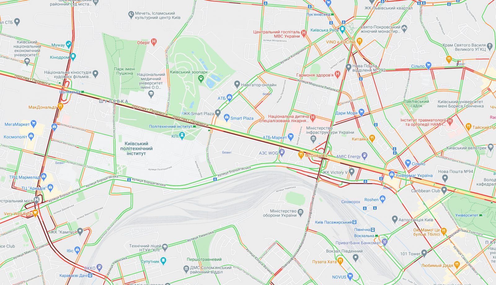 Пробки в Киеве, карта: Google Maps