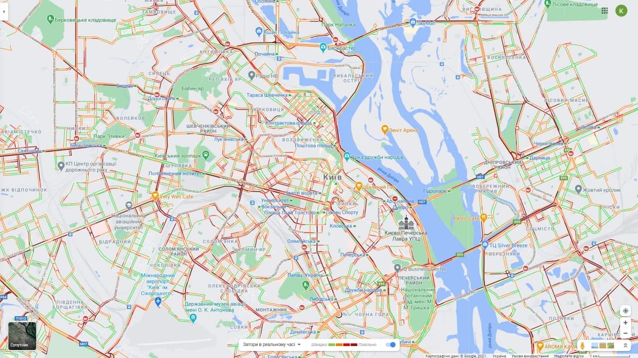 Пробки в Киеве. Карта: Google Maps