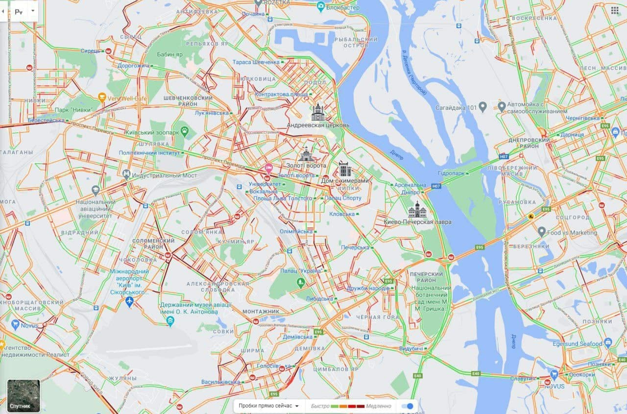 Затори в Києві. Карта: Google Maps