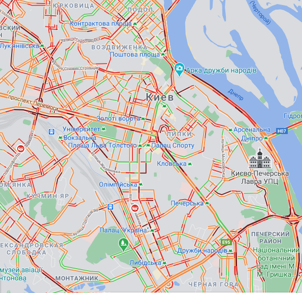 Затори у Києві. Скріншот: Google-карти