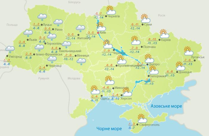 Погода в Украине на 14 февраля. Карта: Укргидрометцентр