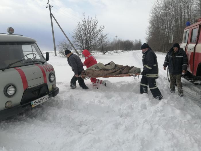 Через снігові замети на Житомирщині хвору дівчину довелося везти до лікарні підводою, фото: ДСНС