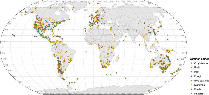 Карта, показывающая географические места, где были собраны данные об исследуемых видах, инфографика: Nature