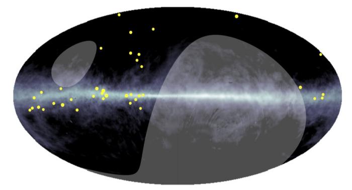 Распределение высокоэнергетических гамма-лучей (желтых точек), выявленных проектом Tibet Asγ, в галактической системе координат. Они сосредоточены вдоль галактического диска. Серая затененная область указывает на то, что расположено вне поля зрения. Цвет фона показывает атомное распределение водорода в галактических координатах. Инфографика: Академия наук Китая
