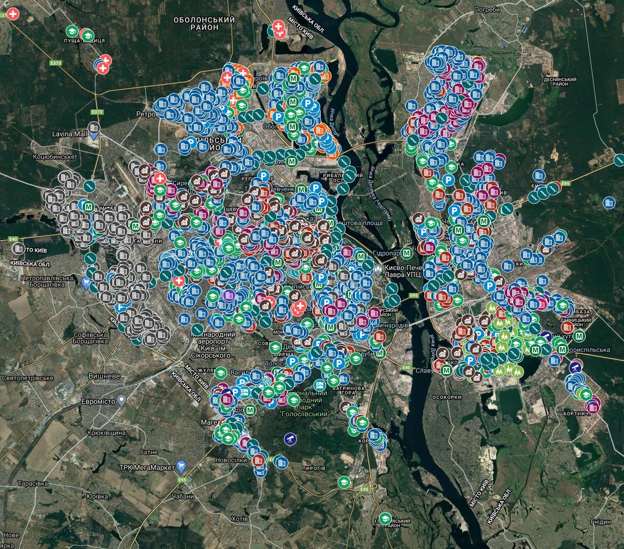 Інтерактивна карта підземних сховищ Києва. Скріншот із карт Гугл