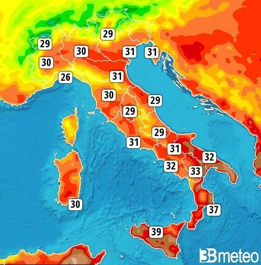 Спека в Італії, карта: BMeteo