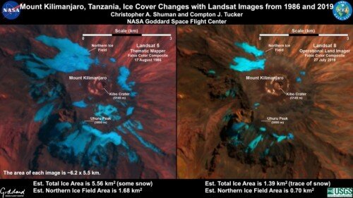 Спутниковые снимки показывают отступление ледяных шапок на горе Килиманджаро с 1975 по 2019 год. Фото: NASA