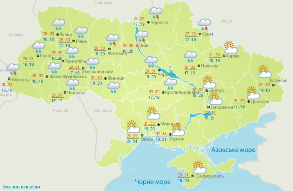 Погода в Україні на 28 липня. Карта: Гідрометцентр