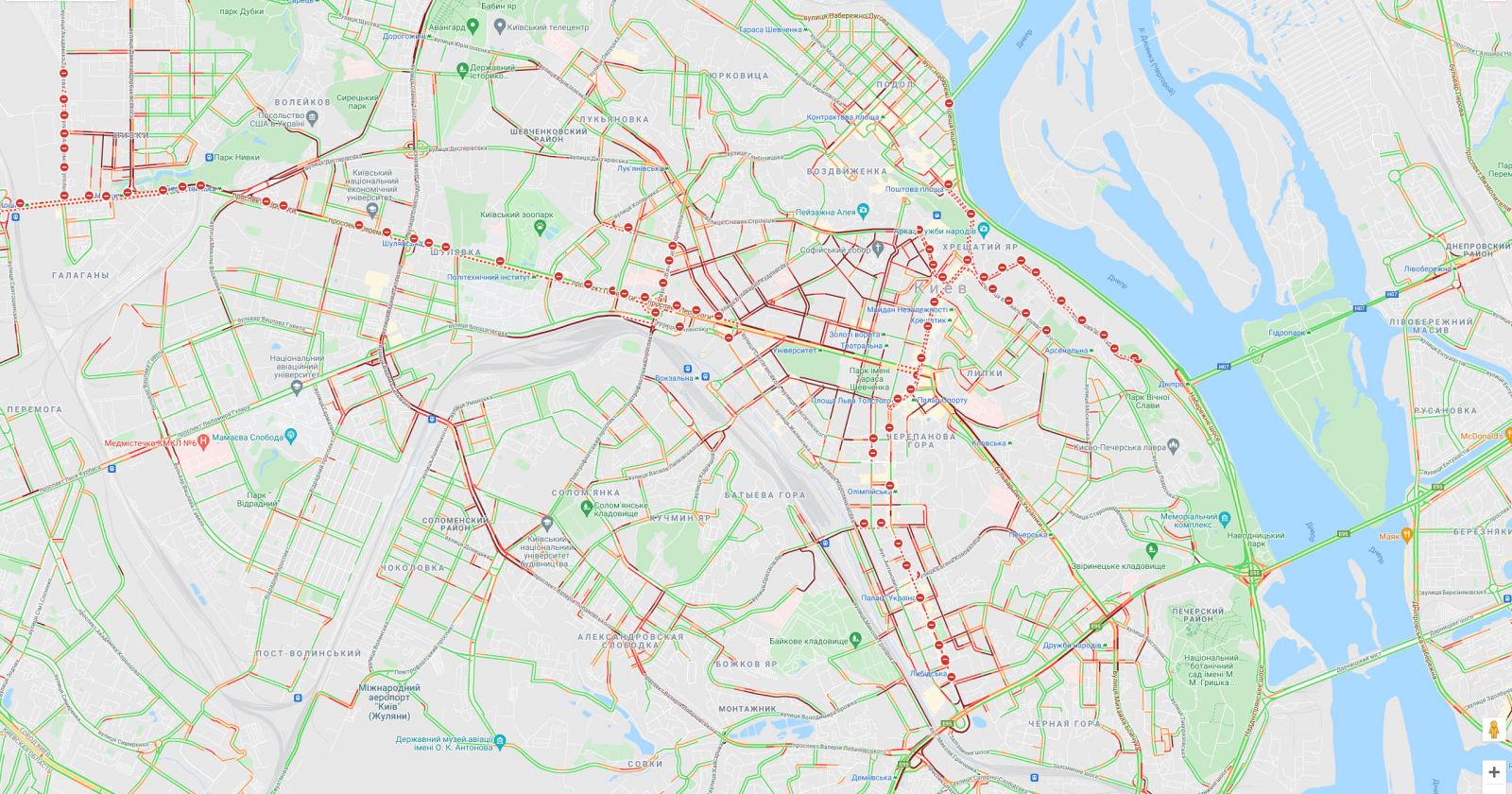 Киев остановился в пробках из-за репетиции парада. Карта: Google Maps