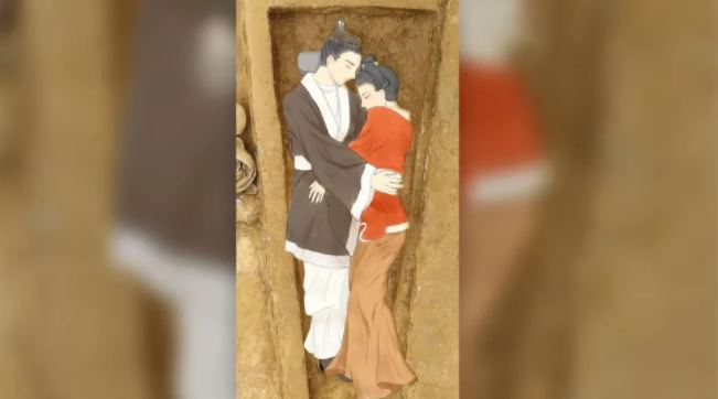 Иллюстрация влюбленных, наложенная на фото места захоронения. Источник: Qian Wang