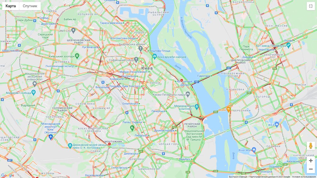 Затори у Києві. Карта: Google