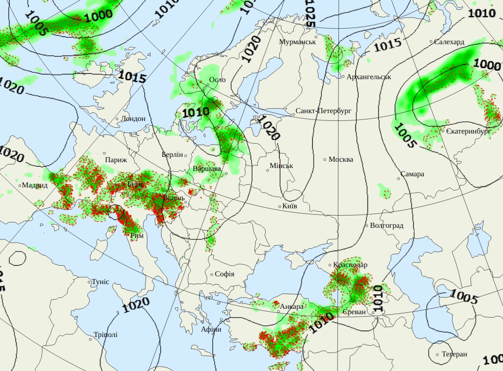 Опади в Європі о 15:00 16 вересня, дані: Gismeteo