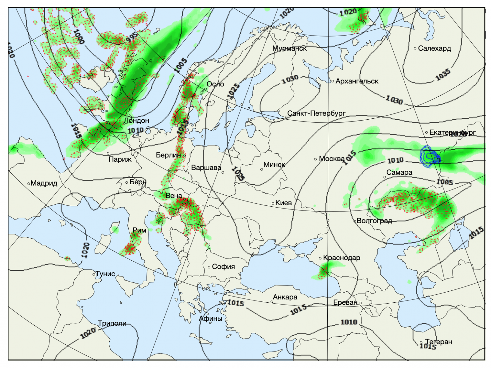 Осадки в Европе. Карта: Gismeteo