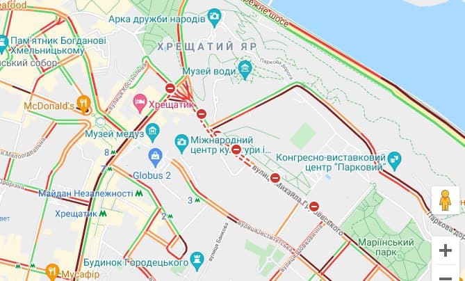 Митинг профсоюзов заблокировал центр Киева. Карта: Гугл