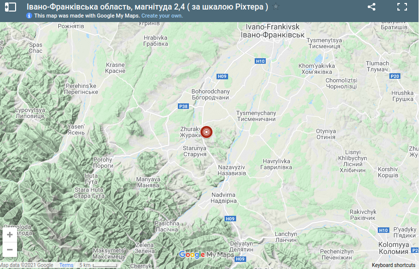 Землетрясение в Украине, карта Главного центра специального контроля