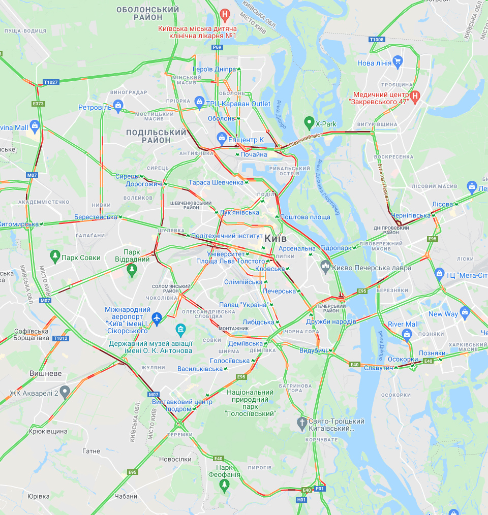Затори в Києві. Карта: Google Maps