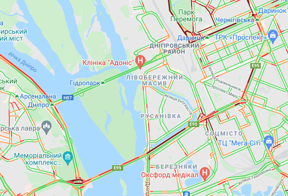 Пробки в Киеве - какие улицы парализовали пробки, скриншот Гугл