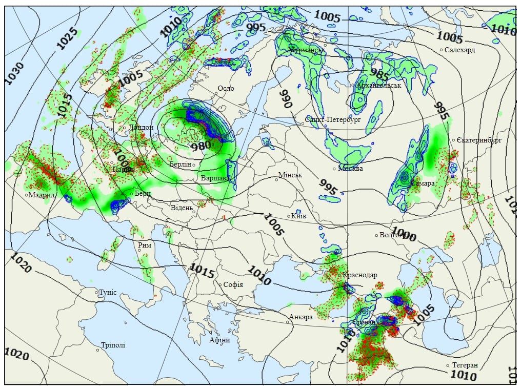 Опади у Європі 2 грудня, дані: Gismeteo