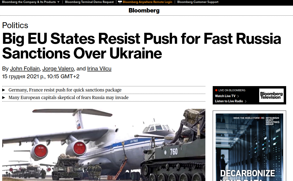 Bloomberg повідомив про небажання провідних країн ЄС готувати санкції проти РФ