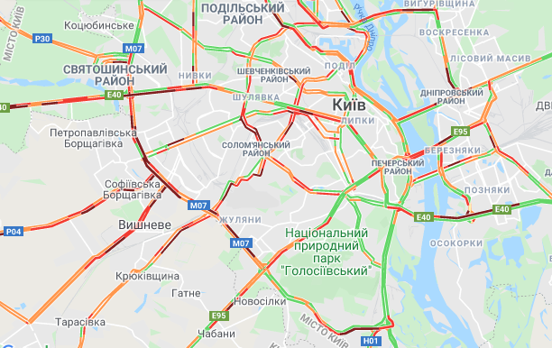 Пробки в Киеве 21 декабря, скриншот Гугл