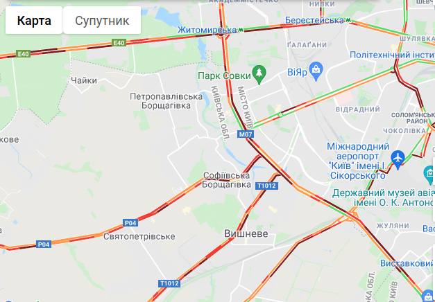 Пробки в Киеве 21 декабря, скриншот Гугл