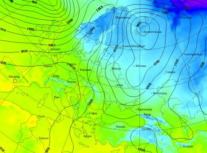 Температура повітря в Європі о 14.00 1 січня, дані: Gismeteo