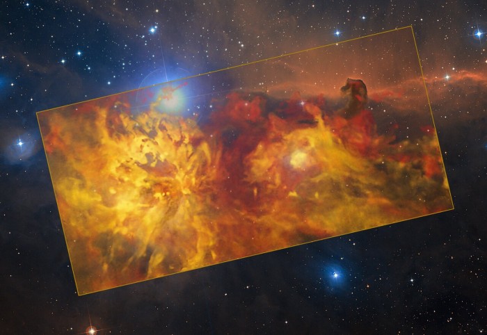 Область Туманності Полум'я – знімки телескопа APEX та поля огляду DSS2, джерело: ESO