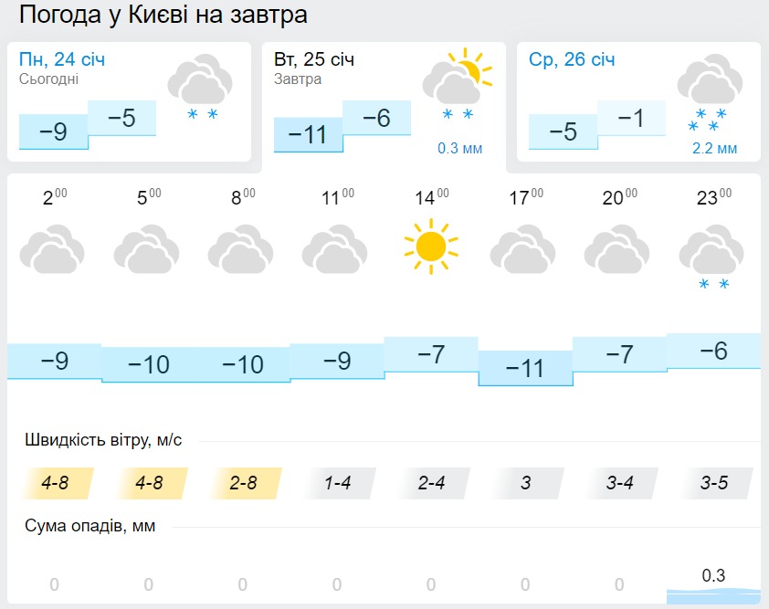 Погода в Киеве 25 января, данные: Gismeteo