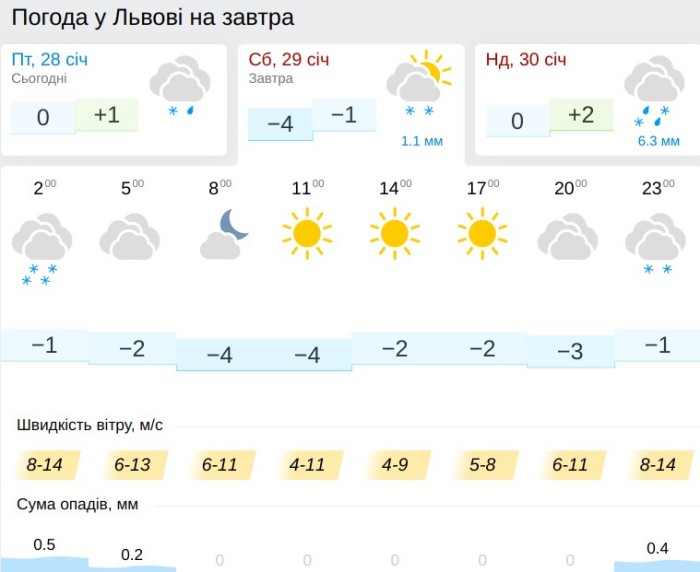 Погода во Львове 29 января, данные: Gismeteo