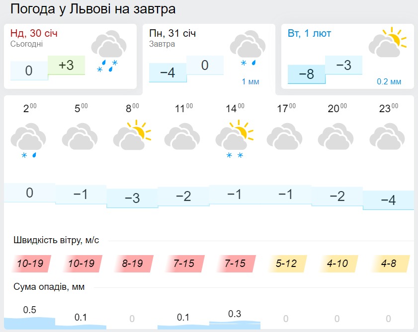 Погода во Львове 31 января, данные: Gismeteo