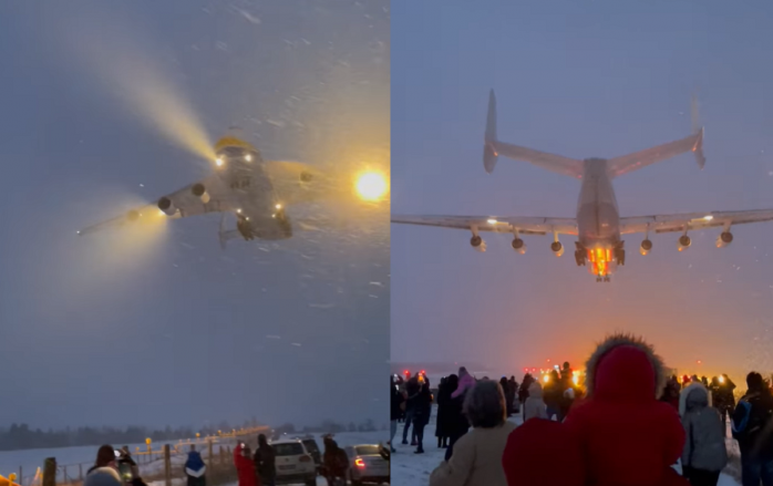 «Мрия» прилетела из Дании — зрелищное приземление во время снегопада, скриншот 