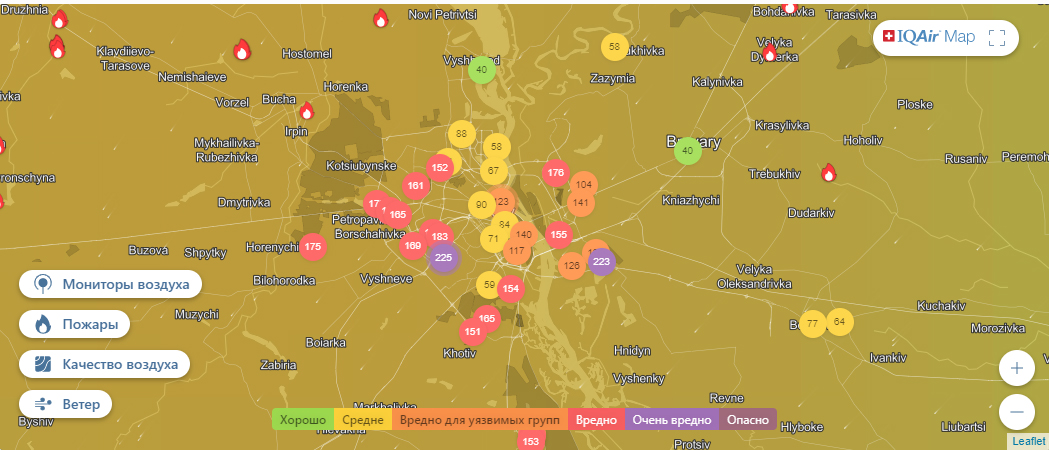 Рівень забрудненого повітря у столицях. Карта: IQAir