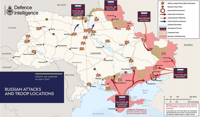 Російське вторгнення в Україну, карта Міноборони Великої Британії станом на 4 квітня