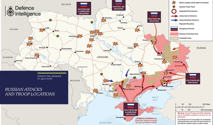 Карта бойових дій на території України за даними Міноборони Британії, 10 квітня