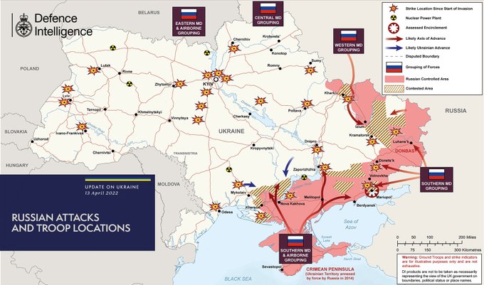 Карта бойових дій в Україні станом на 13 квітня, дані - Міноборони Великої Британії