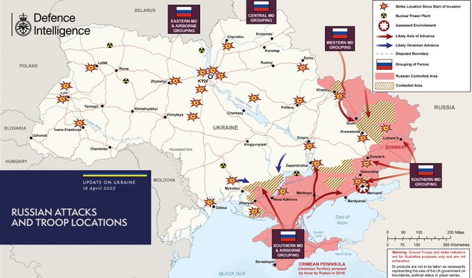 Карта бойових дії в Україні станом на 18 квітня, дані - Міноборони Великої Британії