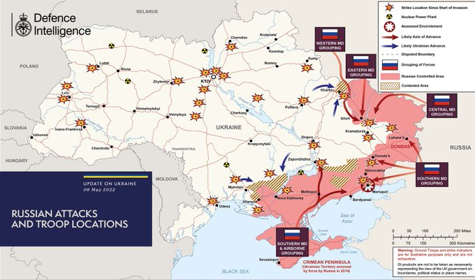 Карта бойових дій в Україні 6 травня, дані Міноборони Великої Британії