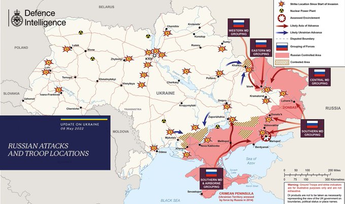 Карта бойових дій станом на 8 травня, дані - Міноборони Великої Британії