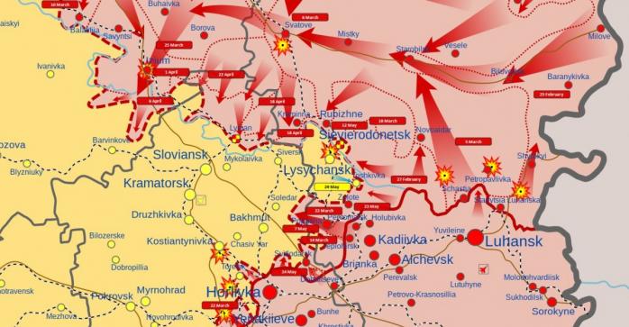 Российские войска продолжают атаковать на Донбассе, карта: «Википедия»