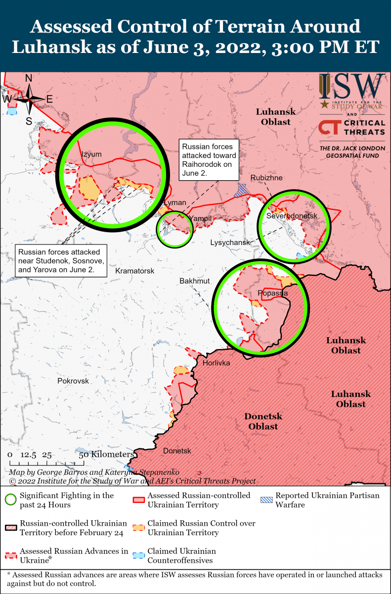 Карта бойових дії на Луганщині, дані - ISW