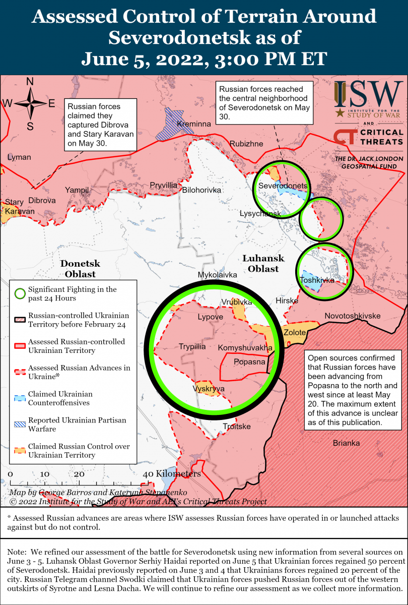 Карта бойових дій біля Сєвєродонецька станом на 5 червня, дані - ISW