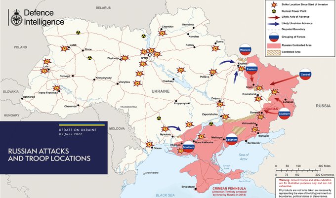 Карта російського вторгнення в Україну станом на 9 червня від Міноборони Великої Британії