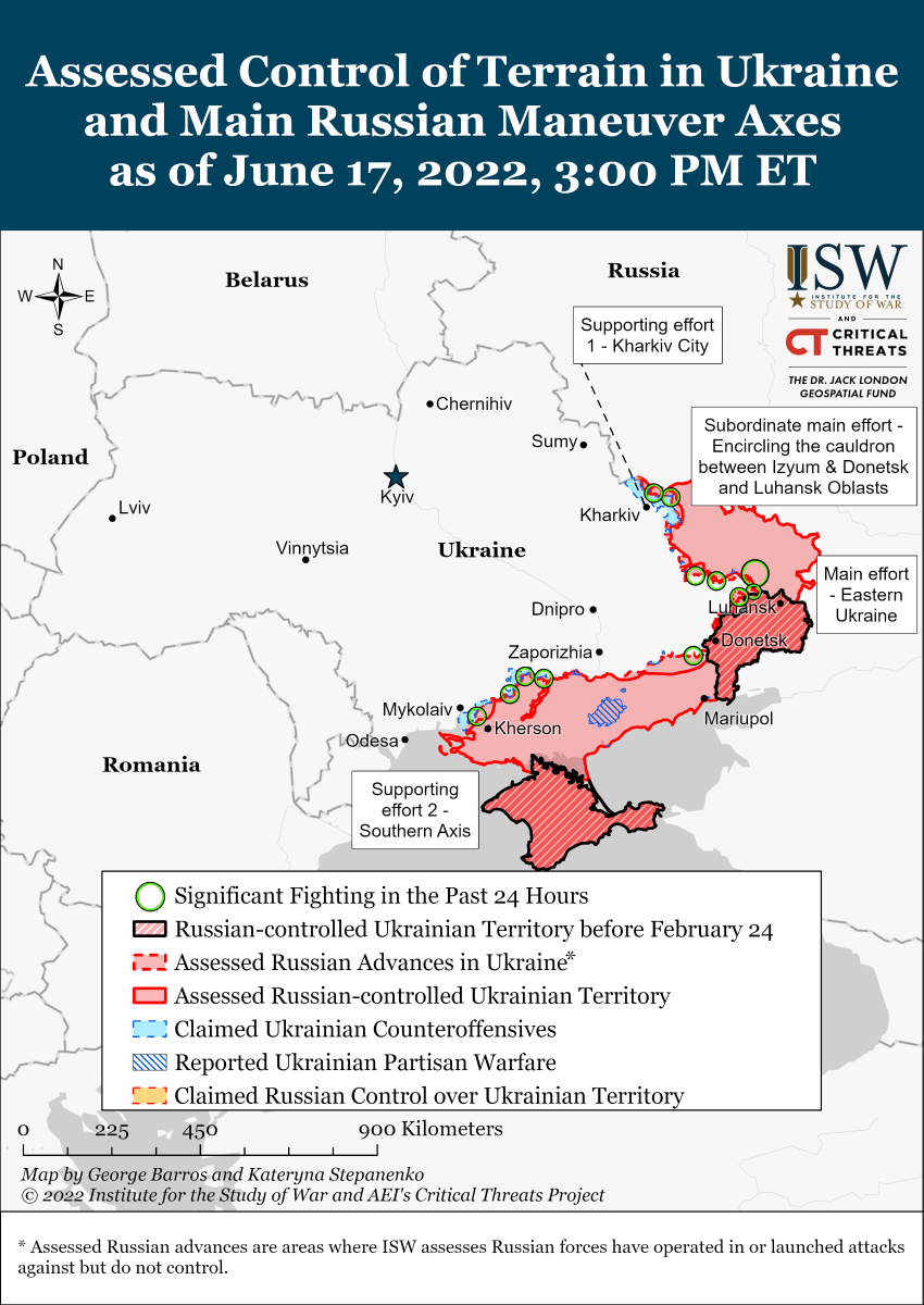 Карта бойових дій в Україні, 17 червня, дані - ISW