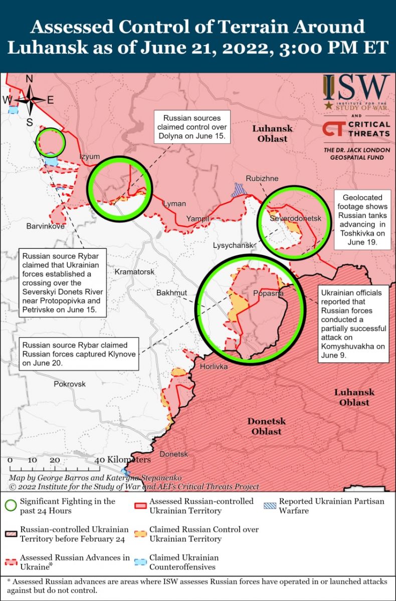 Карта бойових дій в Україні станом на 22 червня, дані - ISW